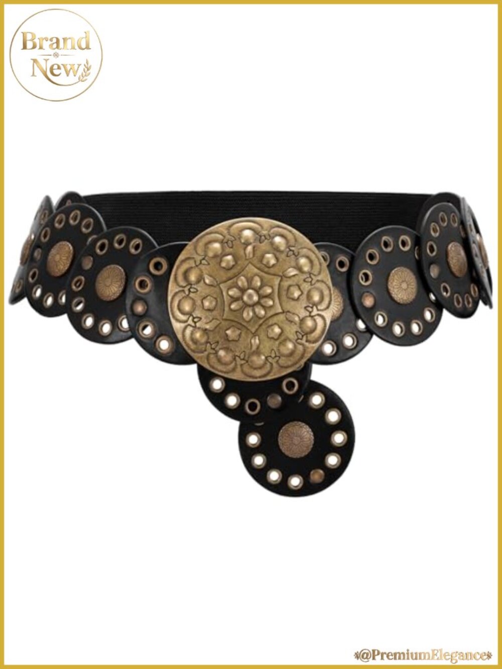 Vintage Wide Disc Western Belt with Conchos PU Leather Elastic Waist